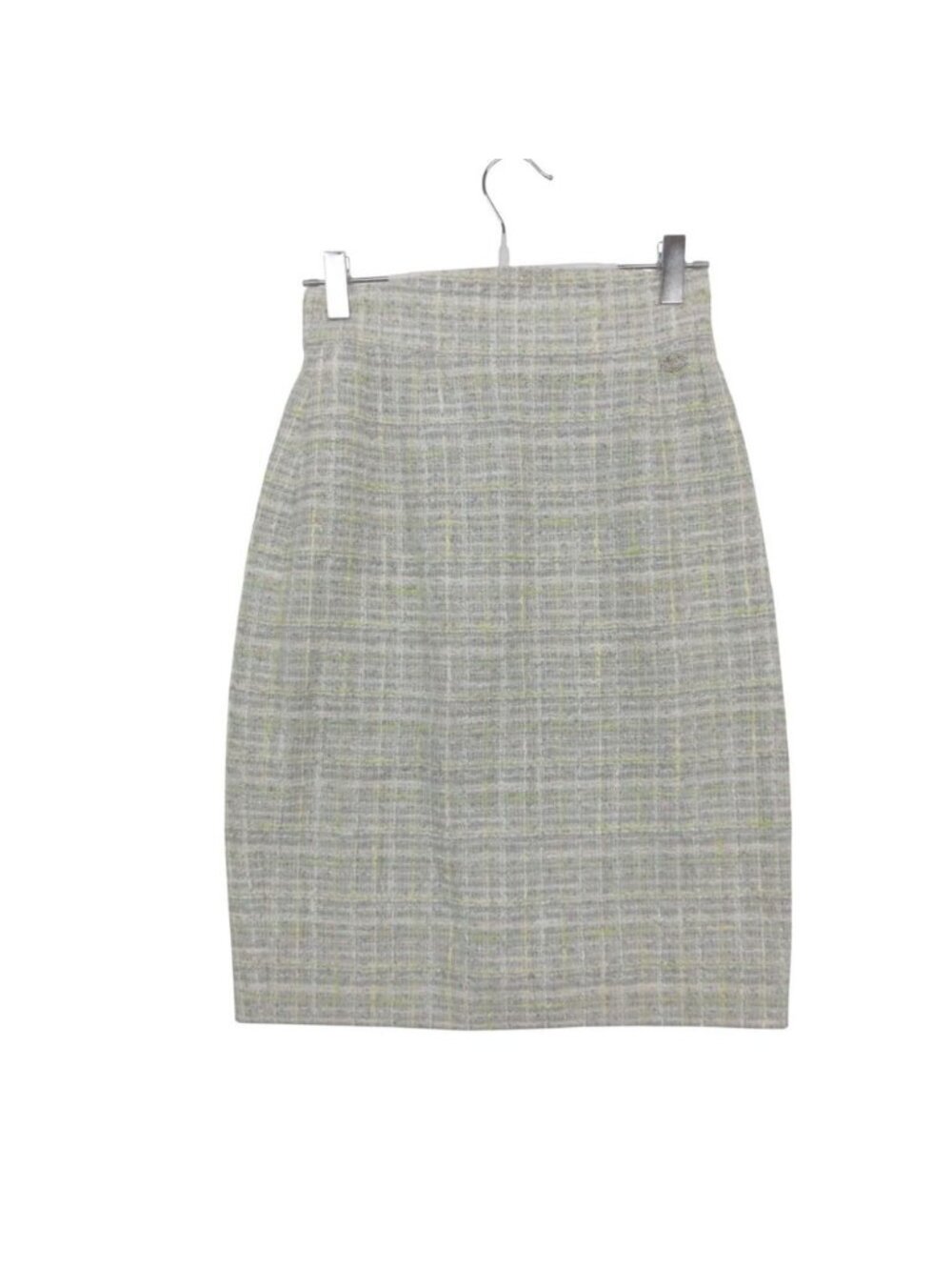 Chanel Skirt Fitted Knee-Length Glitter Tweed CC Logo Light Gray Yellow
